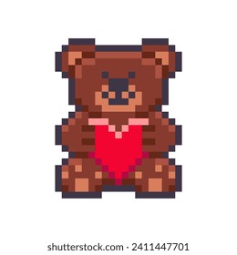 Icono de carácter de oso de peluche aislado en fondo blanco. Juguete con el corazón rojo en las manos. Celebración de San Valentín. Ilustración de arte de píxeles vectoriales en estilo antiguo de 16 bits.