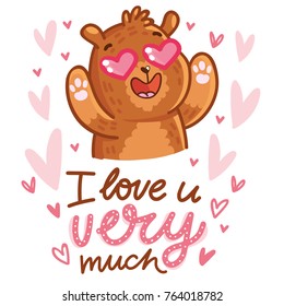 Cute teddy Bear character in love with heart in eyes and lettering calligraphy text. I love you very much. Hand drawn romantic illustration in cartoon doodle style for card, poster, invitation