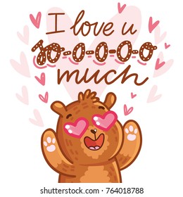 Cute teddy Bear character in love with heart in eyes and lettering calligraphy text. I love you so much. Hand drawn romantic illustration in cartoon doodle style for card, poster, invitation
