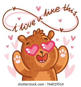 Cute teddy Bear character in love with heart in eyes and lettering calligraphy text. I love you infinitely. Hand drawn romantic illustration in cartoon doodle style for card, poster, invitation