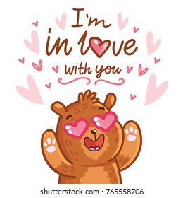 Cute teddy Bear character in love with heart in eyes and lettering calligraphy text. I'm in love with you. Hand drawn romantic illustration in cartoon doodle style for card, poster, invitation