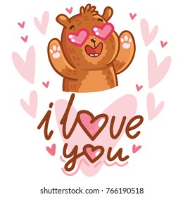Cute teddy Bear character in love with heart in eyes and lettering calligraphy text. I love you. Hand drawn romantic illustration in cartoon doodle style for greeting card, poster, invitation