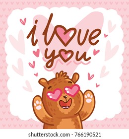 Cute teddy Bear character in love with heart in eyes and lettering calligraphy text. I love you. Hand drawn romantic illustration in cartoon doodle style for greeting card, poster, invitation