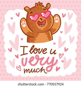 Cute teddy Bear character in love with heart in eyes and lettering calligraphy text. I love you very much. Hand drawn romantic illustration in cartoon doodle style for card, poster, invitation
