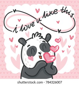 Cute teddy Bear character in love with air kiss and lettering calligraphy text. I love you infinitely. Hand drawn art illustration in cartoon, doodle style for greeting card, poster, invitation