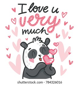 Cute teddy Bear character in love with air kiss and lettering calligraphy text. I love you very much. Hand drawn art illustration in cartoon, doodle style for greeting card, poster, invitation