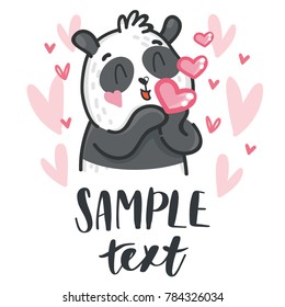 Cute teddy Bear character in love with air kiss and place for your text. I love you very much. Hand drawn art illustration in cartoon, doodle style for greeting card, poster, invitation