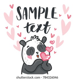 Cute teddy Bear character in love with air kiss and place for your text. I love you very much. Hand drawn art illustration in cartoon, doodle style for greeting card, poster, invitation