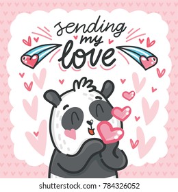 Cute teddy Bear character in love with air kiss and lettering calligraphy text. Sending my love. Hand drawn art illustration in cartoon, doodle style for greeting card, poster, invitation