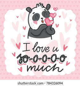 Cute teddy Bear character in love with air kiss and lettering calligraphy text. I love you so much. Hand drawn art illustration in cartoon, doodle style for greeting card, poster, invitation