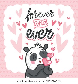 Cute teddy Bear character in love with air kiss and lettering calligraphy text. Forever and ever. Hand drawn art illustration in cartoon, doodle style for greeting card, poster, invitation