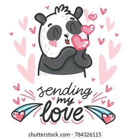 Cute teddy Bear character in love with air kiss and lettering calligraphy text. Sending my love. Hand drawn art illustration in cartoon, doodle style for greeting card, poster, invitation