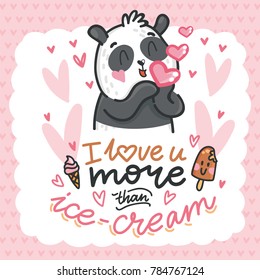 Cute teddy Bear character in love with air kiss and love text. I love you more than ice cream. Hand drawn art illustration in cartoon vector style for greeting card, poster, invitation