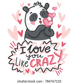 Cute teddy Bear character in love with air kiss and love text. I love you like crazy. Hand drawn art illustration in cartoon vector style for greeting card, poster, invitation