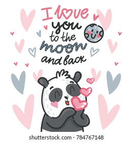Cute teddy Bear character in love with air kiss and love text. I love you to the moon and back. Hand drawn art illustration in cartoon vector style for greeting card, poster, invitation