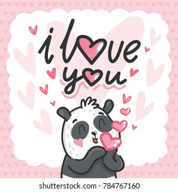 Cute teddy Bear character in love with air kiss and love text. I love you. Hand drawn art illustration in cartoon vector style for greeting card, poster, invitation