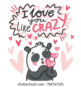 Cute teddy Bear character in love with air kiss and love text. I love you like crazy. Hand drawn art illustration in cartoon vector style for greeting card, poster, invitation