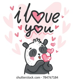 Cute teddy Bear character in love with air kiss and love text. I love you. Hand drawn art illustration in cartoon vector style for greeting card, poster, invitation