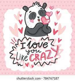 Cute teddy Bear character in love with air kiss and love text. I love you like crazy. Hand drawn art illustration in cartoon vector style for greeting card, poster, invitation