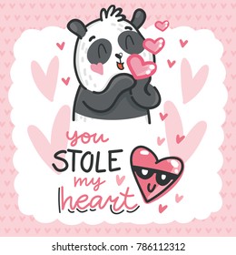 Cute teddy Bear character in love with air kiss and love text. You stole my heart. Hand drawn art illustration in cartoon vector style for greeting card, poster, invitation