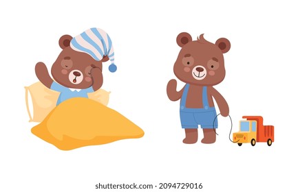 Cute Teddy Bear Character In Night Cap Yawning In Bed And Playing Toy Truck Vector Set