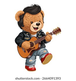 Cute teddy bear character in rockabilly style with pompadour hair, leather jacket, and ripped jeans playing an acoustic guitar. Cartoon illustration isolated on white background.