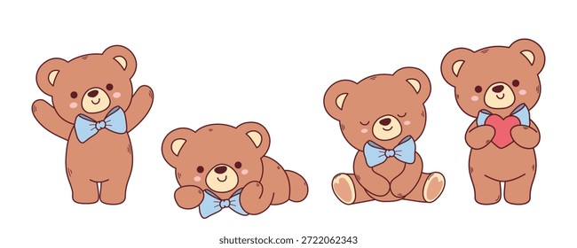 süßer Teddybär-Zeichensatz in verschiedenen Posen mit Fliege und Herz-Illustration im weichen pastellfarbenen Cartoon-Stil