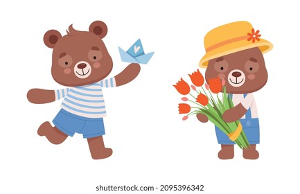 Cute Teddy Bear Character in Striped Shirt Running with Toy Boat and Holding Flower Bouquet Vector Set