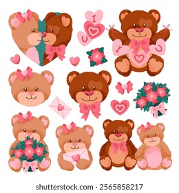 Cute teddy bear characters for Valentines Day. Hand drawn toy animals in love with hearts, flowers and bows. Textured brown boy and plush girl. Sweet sticker pack. Flat isolated vector illustration.