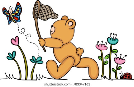 Cute teddy bear chasing a butterfly