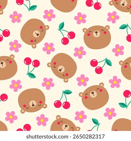 Cute teddy bear, cherry and flower seamless pattern design for spring season background.