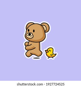 Cute teddy bear and chick chibi sticker