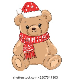 Cute Teddy Bear christmas Kids print vector illustration, hand drawn Holidays decor design print