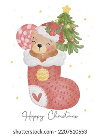 cute teddy bear in Christmas stocking sock with pine tree and candy, Christmas animal watercolour illustration vector 