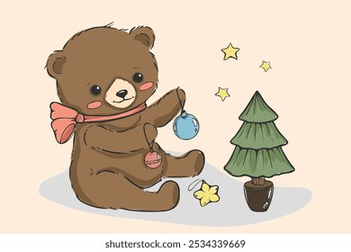 Cute teddy bear with Christmas tree and toy. Vector illustration. Sketch, drawing, cute animal. Poster, print design, greeting card. Winter, new year. Cartoon , funny animal.