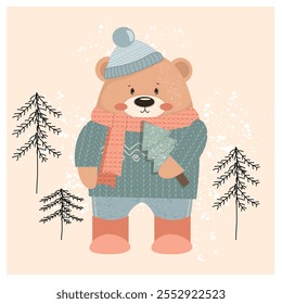 Cute teddy bear Christmas. Winter in forest. Bear with Christmas tree. Vector illustration. Cute animals. Funny, cartoon, Scandinavian style. Greeting card design, poster. Happy new year