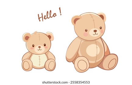 Cute teddy bear clipart.  Two teddy bears of different sizes with a war, friendly design with stitched details, rosy cheeks. Baby toy vector in cartoon style. Baby element, baby shower flat vector.