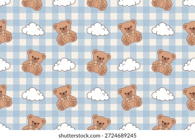 Netter Teddybär und Cloud Blue Gingham nahtloses Muster