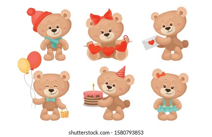Cute Teddy Bear Collection, Adorable Animal Cartoon Character in Different Situations Vector Illustration