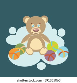 Cute Teddy Bear and colored balls. Vector.