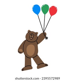 Cute Teddy Bear with colorful balloons. Birthday banner. Illustration on simple modern style. Flat vector illustration isolated on white background. Premade poster, t-shirt print, sticker, textile