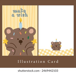 cute teddy bear with colorful sprinkle and candle on top line, border for card decoration. illustration card.	