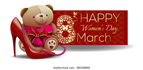 Cute Teddy bear congratulates beautiful women with the International Women's Day. March 8. Womens holiday. Cute greeting card for girls and women. Vector banner, illustration.