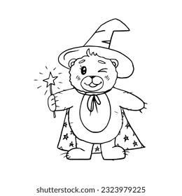 Cute teddy bear contour with magic wand, magical cloak and magic hat in doodle style. Hand-drawn toys. Coloring. Outline drawing. Black and white image. Monochrome image.   Vector illustration EPS10