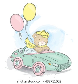 Cute teddy bear in a convertible. Vector illustration for a card or poster, print on clothes. Charming teddy bear in the car. Vintage.