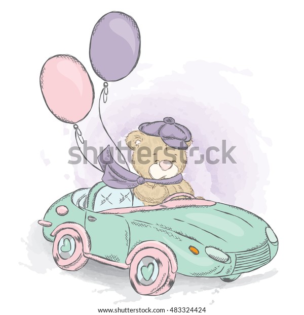 Cute teddy bear in a convertible. Vector\
illustration for a card or poster, print on clothes. Charming teddy\
bear in the car. Vintage.
