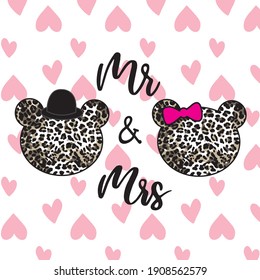 Cute teddy bear couple with Mr and Mrs text on heart background. Love card. Happy Valentines day.