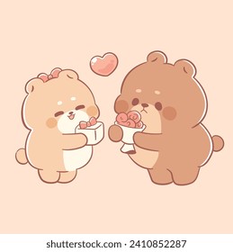 Cute teddy bear couple valentine's day kawaii cartoon illustration 

