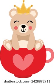 Lindo osito de peluche con corona en la cabeza dentro de la taza del amor