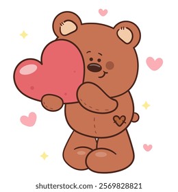 Cute teddy bear cub card valentine animals hug heart (Cute cartoon). Series: kawaii sticker whimsical characters. Perfect for romantic wedding vector Flat clipart banner t shirt design and background.